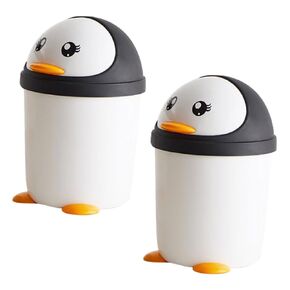 2pcs Small Trash Can: Creative Penguin Trash Can with Lid - Plastic Wastebasket for Vehicles - Cute Desk Garbage Bin for Kids Bedroom