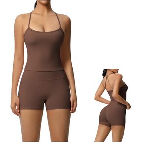 Two Pieces Women's Solid Backless Tracksuit Set, Spaghetti Strap Cami Top & High Waist Skinny Shorts
