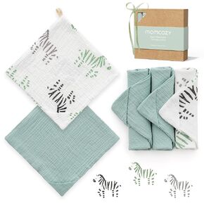 Momcozy Soft & Absorbent Baby Washcloths - 4 Layer Design| Medium Thickness| Premium Cotton for Newborns' Skin-Great for Bathing, Wiping & on-The-go Use, Shower Gift and Essential(5 Pack, 10x10 inch)