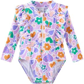 Baby Toddler Girls Swimsuit One Piece Long Sleeve Rash Guard Bathing Suit UPF 50+ Sun Protection