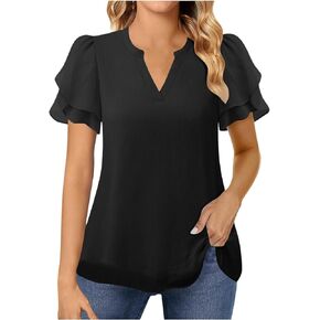 JOAU Womens Dressy Chiffon Blouse V Neck Ruffle Petal Short Sleeve Shirts 2025 Summer Casual Business Office Work Tunic Tops