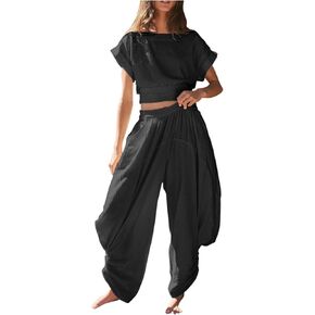 Women's Two Piece Outfits Backless Lace Up Short Sleeve Tops and Wide Leg Pants Summer Solid Color Loose Lounge Sets