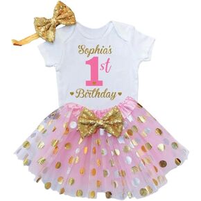 Personalized 1st Birthday Girl Outfit | Glittering Gold and Pink Tutu Dress with Elastic Closure Headband
