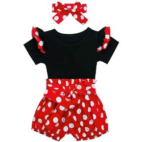 ODASDO Newborn Baby Girl Coming Home Outfit Ruffle Romper Shorts Bowknot Headband 3pcs Summer Casual Clothes Set 0-18M