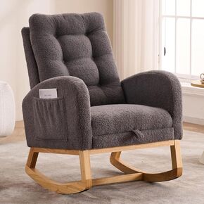 NIOIIKIT Nursery Rocking Chair, Teddy Upholstered Glider Chair with Footrest, Tufted Rocker Recliner with Side Pocket, Comfy Recliner Glider, Accent Chair for Living Room (Brown Teddy)