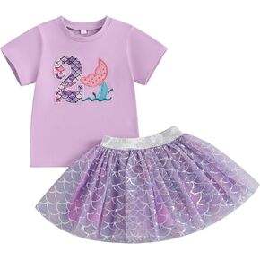 Toddler Girl Mermaid Birthday Outfit Cute Short Sleeve T-Shirt Top Princess Party Tutu Tulle Skirt Summer Clothes