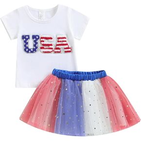 Kayotuas 4th of July Toddler Girl Outfit USA Bow Shirt Red White Blue Sparkle Star Tulle Skirt Set Fourth of July Tutu Dress