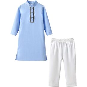 YEAHDOR Muslim Baby Boys Outfits Embroidery Long Sleeve Robe With Elastic Belt Trousers For Outdoor