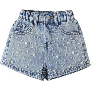 WDIRARA Toddler Girl's Pearl Jean Shorts Elastic High Waist Denim Shorts with Pockets