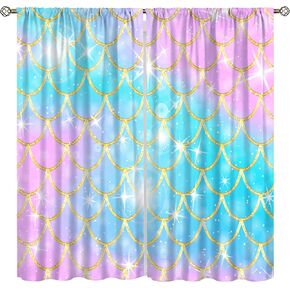 Mermaid Curtains for Girls,Cartoon Colorful Stars Underwater Mermaid Magic Princess Window Treatments Print for Kids Nursery Baby Bedroom Living Room 42x45in