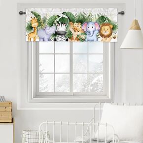 Jungle Safari Animals Tropical Leaves Valances 54''x18'' Kids Toddler Nursery Bedroom Decor Drapes Lion Leopard Hippo Giraffe Elephant Rod Pocket Short Curtains Window Treatment 1 Pack