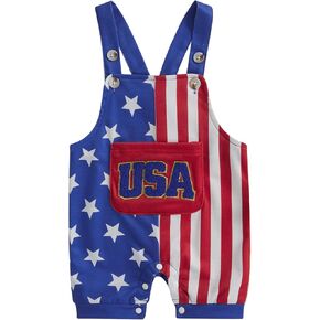 Dcohmch Baby Boy 4th of July Outfit Letter Embroidery Overalls Stripe Star Print Romper Summer Sleeveless Jumpsuits