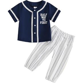 Baby Boy Half Birthday Outfit Half Way to First Baseball Short Sleeve Button T Shirt Top Striped Pants Set Summer Clothes