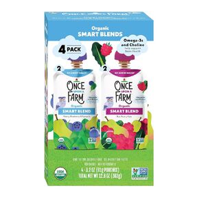 Once Upon a Farm Organic Smart Blend, Pear-y Blueberry and Spinach and Rasp-Pear-y Kale Variety 4PK, Kids Snack, 3.5oz Pouch