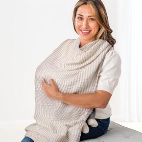 Itzy Ritzy Breastfeeding Boss Multi-Use Cover – A Nursing Cover, Swaddle, Car Seat Cover, Tummy Time Mat & Burp Cloth All in One – Made of Soft Muslin Fabric & Measures 47" x 47" (Taupe Stripe)