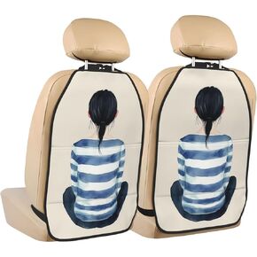 Woman in Striped Blue Nd White Dress Car Seat Back Kick Protectors,2 Pack Kick Mats with Storage Pockets for Vehicles to Protect from Dirt Mud Scratches