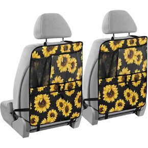 Kick Mats Back Seat Protector 2 Pack Sunflower Black Back of Seat Protector for Kids Feet Car Seat Kick Mats with Organizer Fits Most Cars for Truck SUV