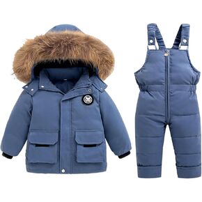 Baby Boys Girls 2PCS Snowsuit Toddler Winter Long Sleeve Hooded Puffer Down Jacket Coat with Ski Bib Warm Outfits