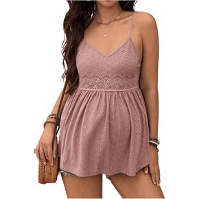 OYOANGLE Women's Maternity V Neck Lace Eyelet Embroidery Cami Top Flared Ruffle Hem Peplum Camisole