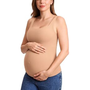 MOMANDA Inbarely Maternity Tank Top Square Neck Workout Tops with Built in Bra Pregnancy Sleeveless Yoga Maternity Clothes Desert Skin X-Small