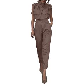 Women's 2 Piece Cargo Tracksuit Set Mock Neck Sleeveless T Shirts High Waist Straight Leg Pants Outfits Lounge Sets