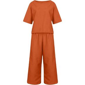 Linen 2 Piece Sets for Women Summer Half Sleeve Top Wide Leg Crop Pants Set 2025 Beach Vacation Lounge Sets Clothes