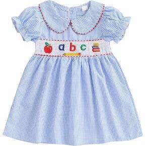 Toddler Baby Girl Back to School Outfit First Day of School Pre K Plaid Smocked Short Sleeve Dress Summer Clothes