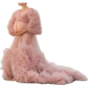 BATHGOWN Maternity Dress for Photo Shoot Sexy Perspective Tulle Robe with Puffy Sleeves and Long Train