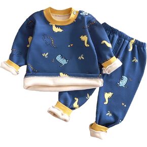 Toddler Baby Fleece Outfit Boys Girls Dinosaur Print Outfit Infant Linen Thermal Loungwear Boys Clothes Tops Pants Set