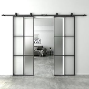 BARNSMITH 60 x 84 in Double Glass Barn Door with 10 FT Sliding Door Hardware Kit Included,Aluminium Frame Frosted Glass Doulbe,Easy to Assemble