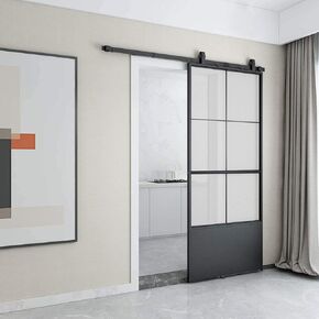 JUBEST 36in x 84in Glass Sliding Barn Door, Modern French Style, Frosted Paneled Glass Carbon Steel Frame Sliding Closet Kitchen Door with 6FT Hardware Kit and Soft Close Mechanisms
