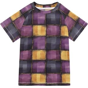 Tan Green Checked Kids Bathing Suit Short Sleeves Basketball Shirt Swimwear Beach Tops 3T