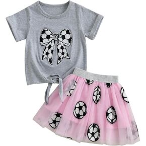 Kayotuas Toddler Girl Girl Summer Closeball Athball Wound Witzzy Baseball/Football Bow Typroidery Thirt Tulle Skirt 2 قطعة