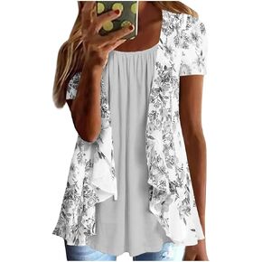 Women Summer Plus Size Short Sleeve Tops Fake Two Piece Loose Pleated Layered Blouse Shirt Hide Belly Tunic Tops