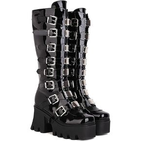 Platform Goth Boots for Women Buckle Straps Decoration Mid Calf Punk Boots Round Toe Chunky Heel Back Zipper Thick Sole Knee High Tall Boots