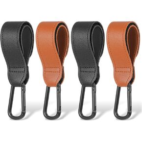 4-Pack Baby Stroller Hooks Clip for Hanging, Mommy Hook for Diaper Bag Shopping Cart Universal Stroller Accessories for Cup Holder Adjustable PU Leather Hanger Clips for Backpack, Khaki & Black