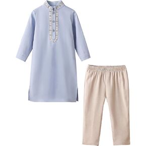 Muslim Baby Boys Outfits Lapel Long Sleeve Robe With Loose Trousers For Casual Daily Wear