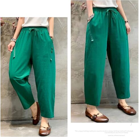 Maiyifu-GJ Women Linen Drawstring Cropped Pants Summer Soft Casual Elastic Waist Trousers Wide Leg Cropped Pant with Pockets in Saudi Arabia