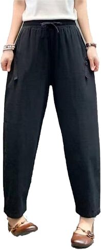 Maiyifu-GJ Women Linen Drawstring Cropped Pants Summer Soft Casual Elastic Waist Trousers Wide Leg Cropped Pant with Pockets in Saudi Arabia