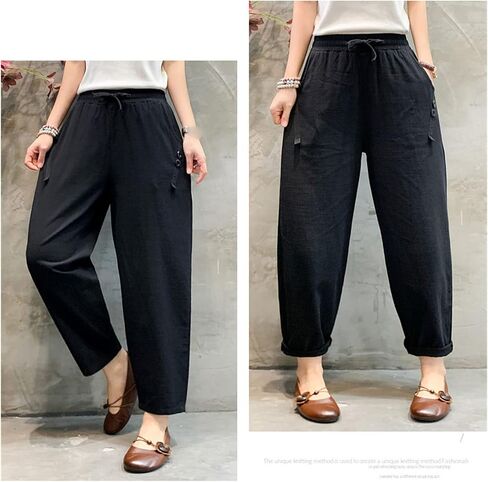 Maiyifu-GJ Women Linen Drawstring Cropped Pants Summer Soft Casual Elastic Waist Trousers Wide Leg Cropped Pant with Pockets in Saudi Arabia