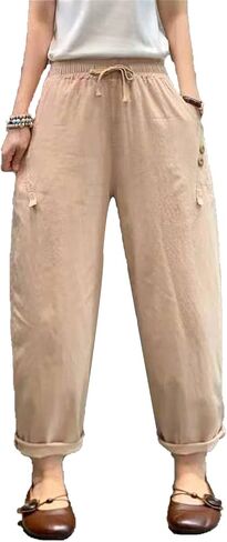 Maiyifu-GJ Women Linen Drawstring Cropped Pants Summer Soft Casual Elastic Waist Trousers Wide Leg Cropped Pant with Pockets in Saudi Arabia