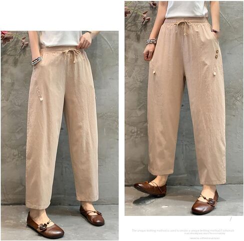 Maiyifu-GJ Women Linen Drawstring Cropped Pants Summer Soft Casual Elastic Waist Trousers Wide Leg Cropped Pant with Pockets in Saudi Arabia