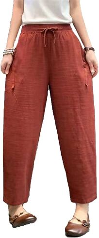 Maiyifu-GJ Women Linen Drawstring Cropped Pants Summer Soft Casual Elastic Waist Trousers Wide Leg Cropped Pant with Pockets in Saudi Arabia