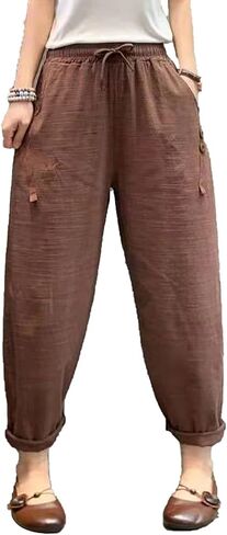 Maiyifu-GJ Women Linen Drawstring Cropped Pants Summer Soft Casual Elastic Waist Trousers Wide Leg Cropped Pant with Pockets in Saudi Arabia