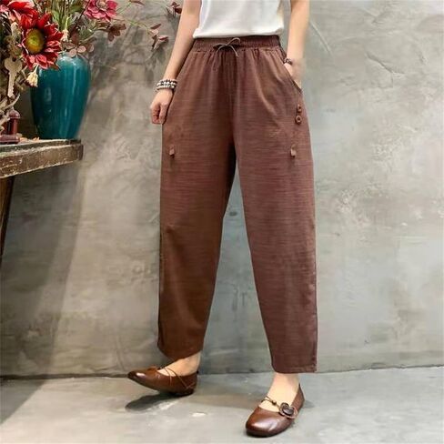 Maiyifu-GJ Women Linen Drawstring Cropped Pants Summer Soft Casual Elastic Waist Trousers Wide Leg Cropped Pant with Pockets in Saudi Arabia