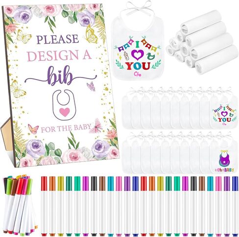 50 Pcs Baby Shower Game White Bibs Supply Includes 1 Wooden Baby Shower Game Sign 25 DIY Blank White Bibs Feeder 24 Fabric Markers(Butterfly) in Saudi Arabia