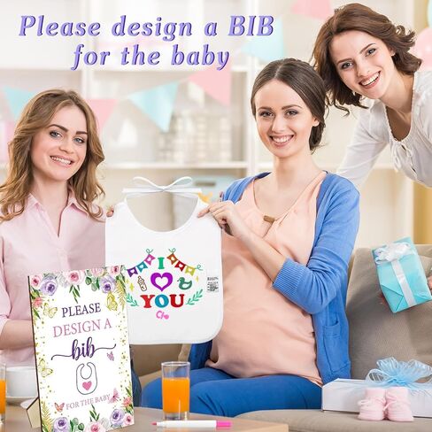 50 Pcs Baby Shower Game White Bibs Supply Includes 1 Wooden Baby Shower Game Sign 25 DIY Blank White Bibs Feeder 24 Fabric Markers(Butterfly) in Saudi Arabia