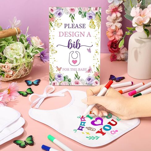 50 Pcs Baby Shower Game White Bibs Supply Includes 1 Wooden Baby Shower Game Sign 25 DIY Blank White Bibs Feeder 24 Fabric Markers(Butterfly) in Saudi Arabia