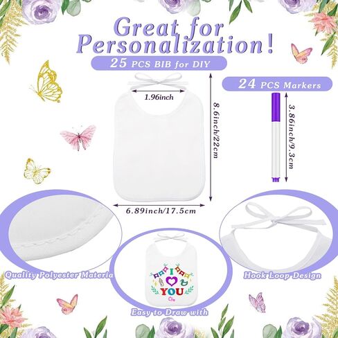 50 Pcs Baby Shower Game White Bibs Supply Includes 1 Wooden Baby Shower Game Sign 25 DIY Blank White Bibs Feeder 24 Fabric Markers(Butterfly) in Saudi Arabia