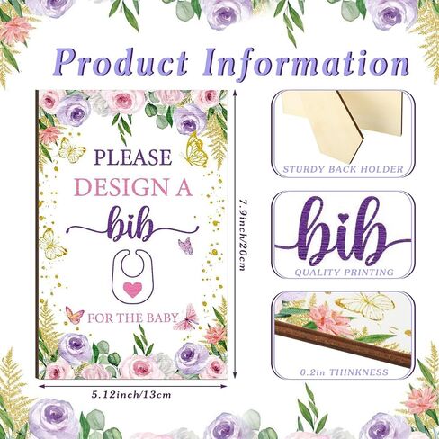 50 Pcs Baby Shower Game White Bibs Supply Includes 1 Wooden Baby Shower Game Sign 25 DIY Blank White Bibs Feeder 24 Fabric Markers(Butterfly) in Saudi Arabia